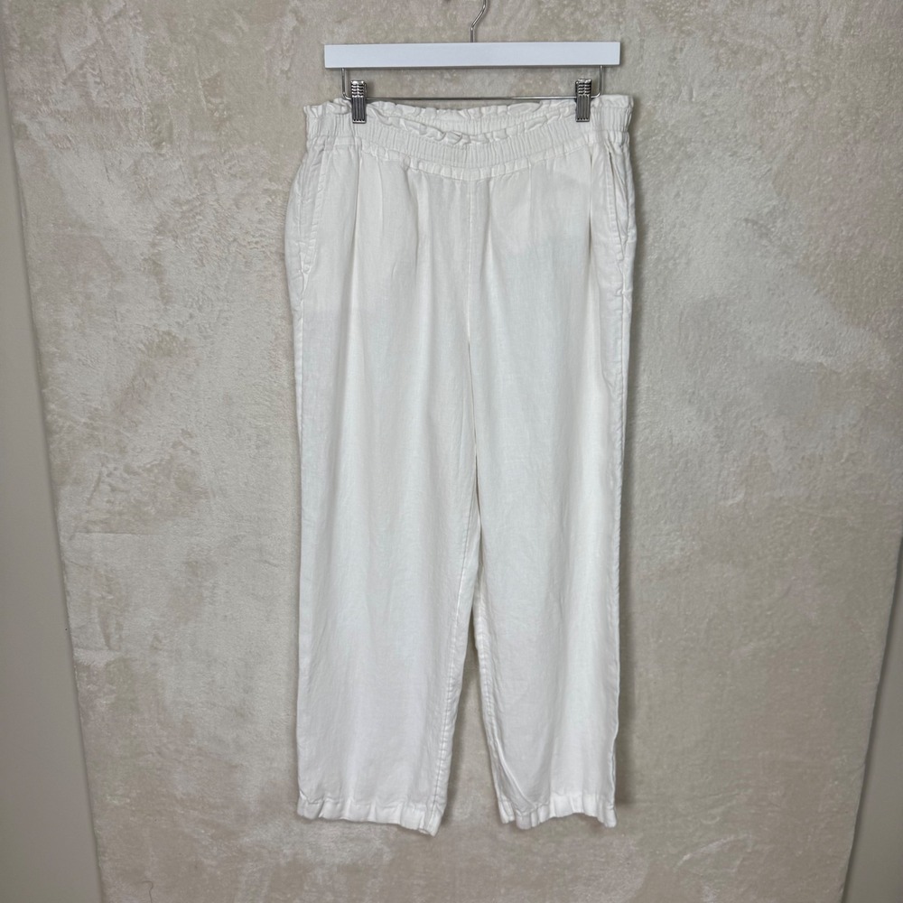 Charter Club Luxury Womens White 100% Linen Wide Leg Pants Elastic Waist Large